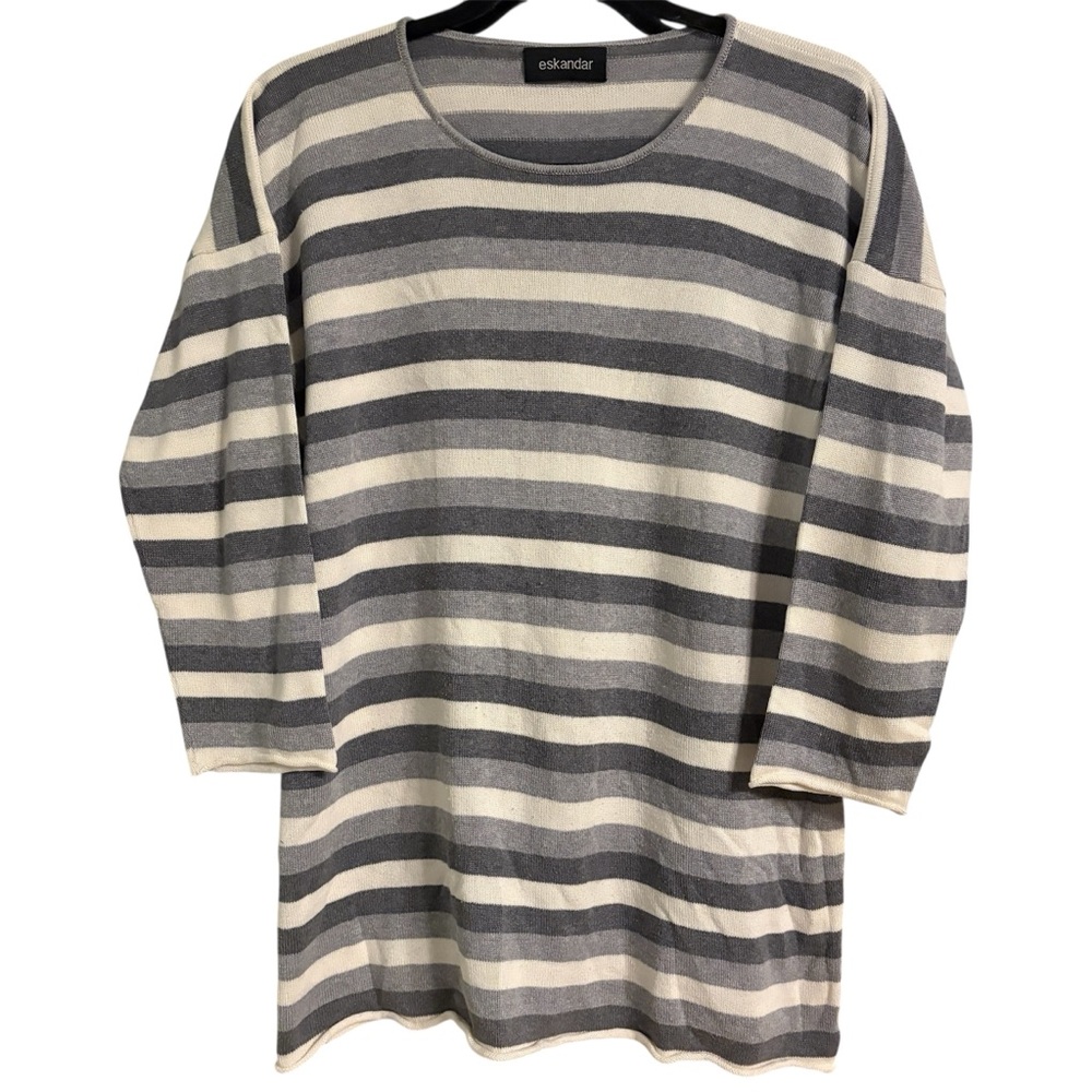 Eskandar Gray and Cream Striped Rolled Hem Sweater O/S